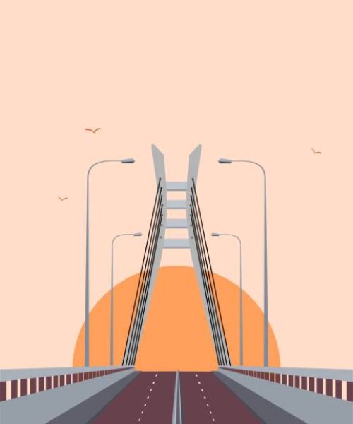 Silhouette of the Lekki bridge in Lagos, Nigeria, at sunset. Illustration of a Lagos landmark, showing the sun sinking below the horizon.